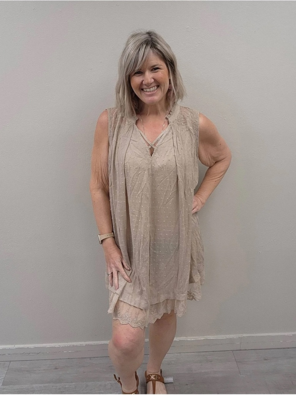 Umgee Tan Bohemian-Style Lace Tunic Dress - New - Size Large